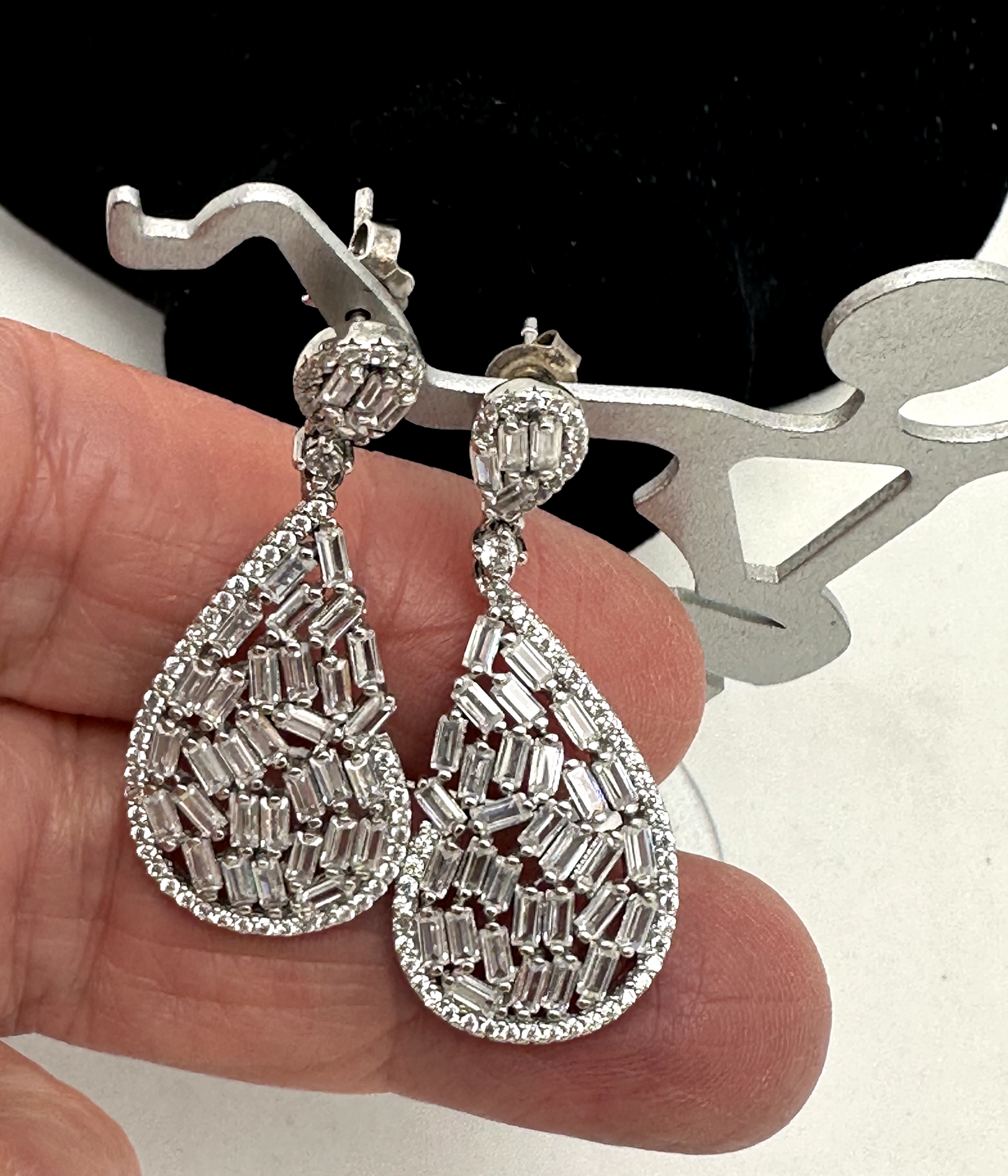 CZ & Baguette Tear Drop Earrings