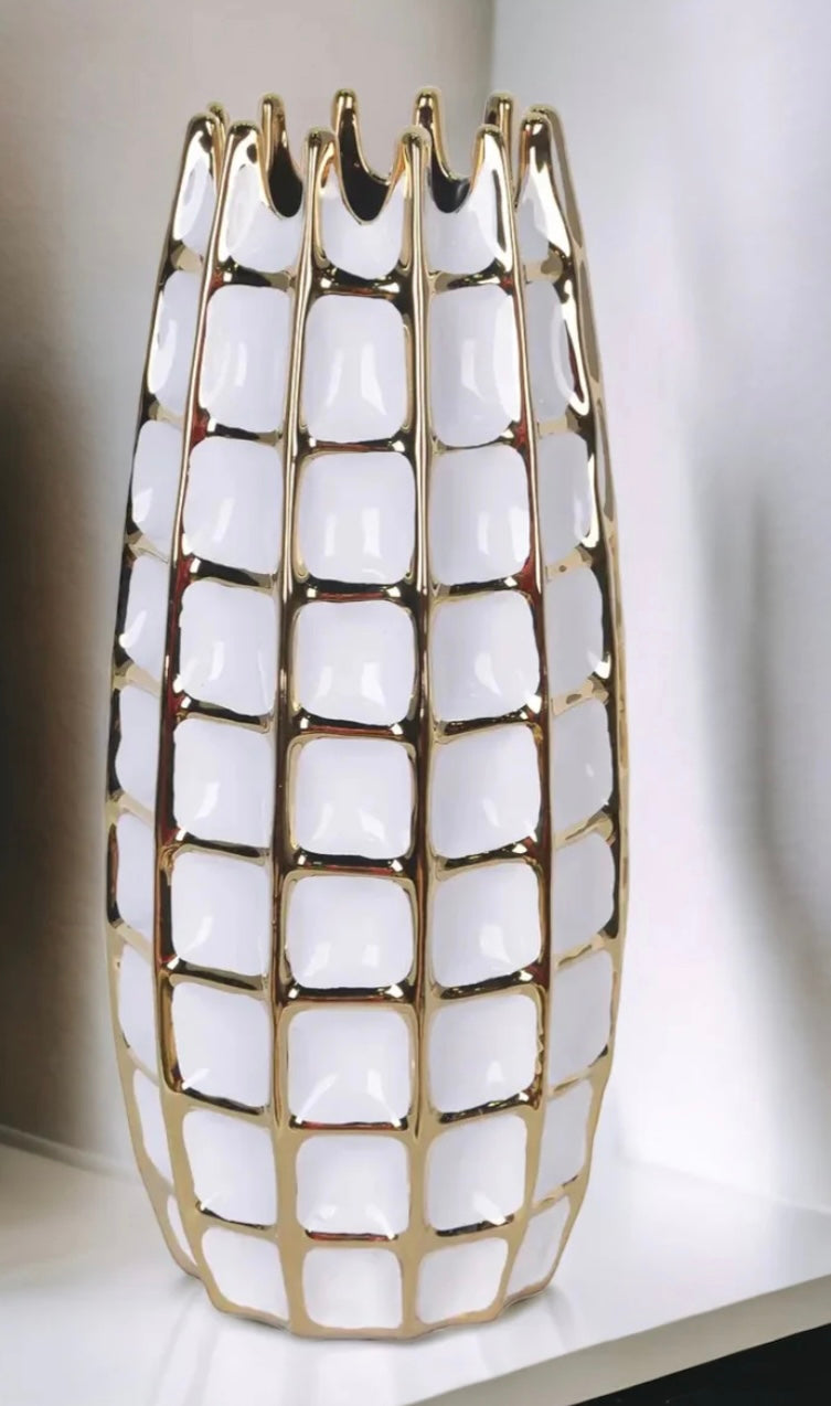 Large White & Gold Square Design Vase