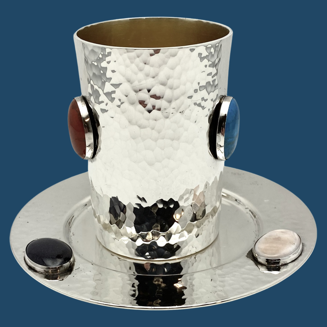 Kiddush Cup Set Hammered 3 Stone