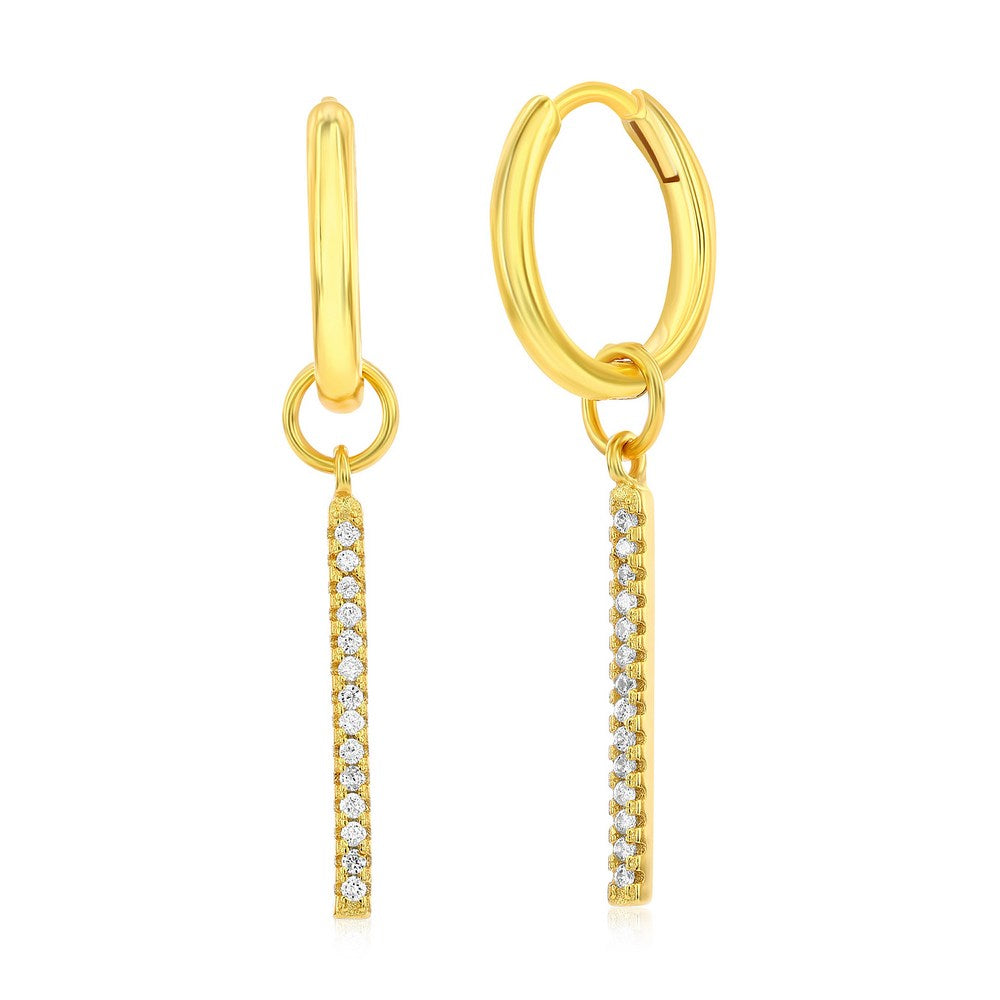 Sterling Silver Vertical Bar CZ Charm Huggie Hoop Earrings - Gold Plated HOOPS