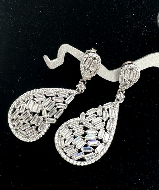 CZ & Baguette Tear Drop Earrings