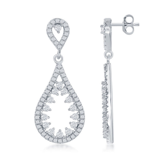 Sterling Silver Open Teardrop With White Cz Center Earrings