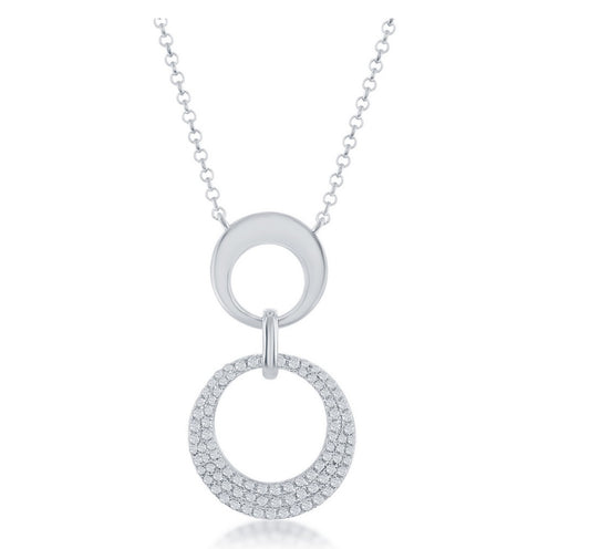 Sterling Silver Shiny Open Circle & Mirco Pave Open Circle Necklace