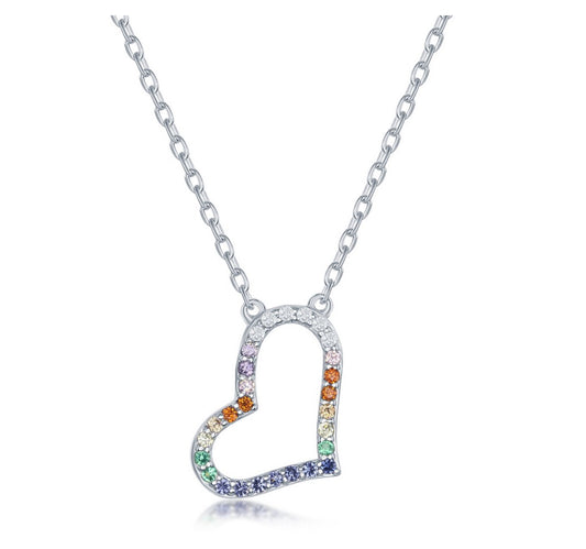 Sterling Silver Rainbow CZ Sideways Heart Necklace
