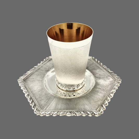 Italian Matte Silver Kiddush Cup Set w/ Hexagonal Plate